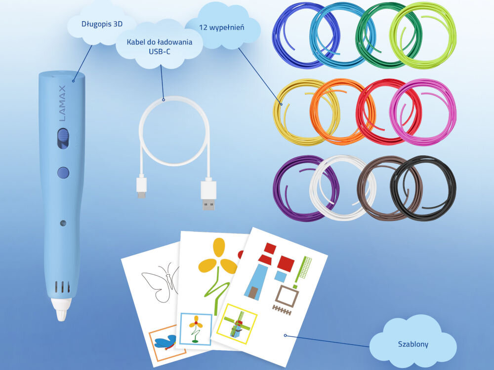 Długopis 3D LAMAX ArtKid1 3D Blue elementy zestawu długopis szablony kabel podręcznik wypełnienia