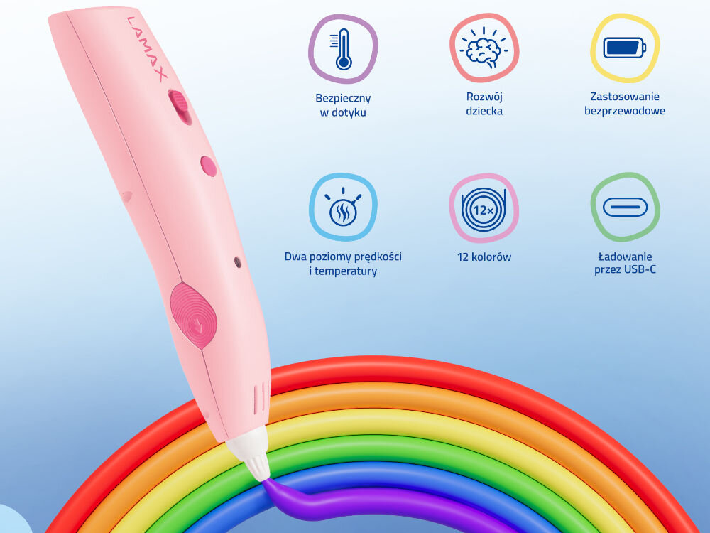 Długopis 3D LAMAX ArtKid1 3D Pink ładowanie USB-C bezprzewodowa praca kabel USB-A do USB-C