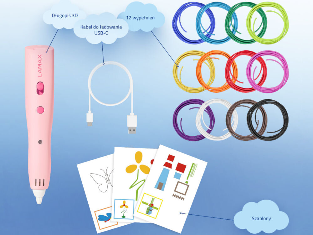 Długopis 3D LAMAX ArtKid1 3D Pink elementy zestawu długopis szablony kabel podręcznik wypełnienia