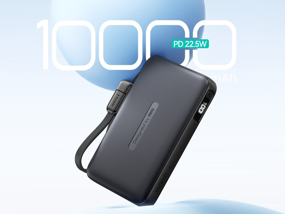 INIU Pocket Neo INIU Pocket Neo USB-C/USB-C telefon powerbank - powerbank na jasnym tle, z tyłu napis 10000 mah