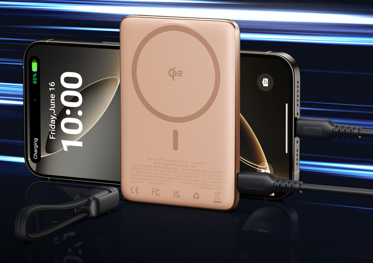 INIU MagPro Slim 5000 mAh 30 minut iPhone’a 16 do 70% - telefon podłączony do powerbanka