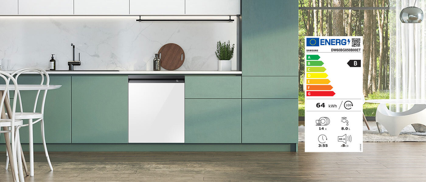 Informacja o klasie energetycznej zmywarki Zmywarka BeSpoke DW60BB890UAPET cechuje się klasą energetyczną B