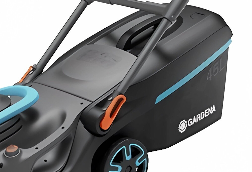 Kosiarka akumulatorowa GARDENA PowerMax 37-36V P4A 14638-20 idealne efekty koszenia równe czyste cięcie odpowienia cyrkulacja powietrza optymalne umiejscowienie kosza na trawę kosz z wysokiej jakości tworzyw sztucznych pojemność 45 l wskaźnik poziomu napełnienia