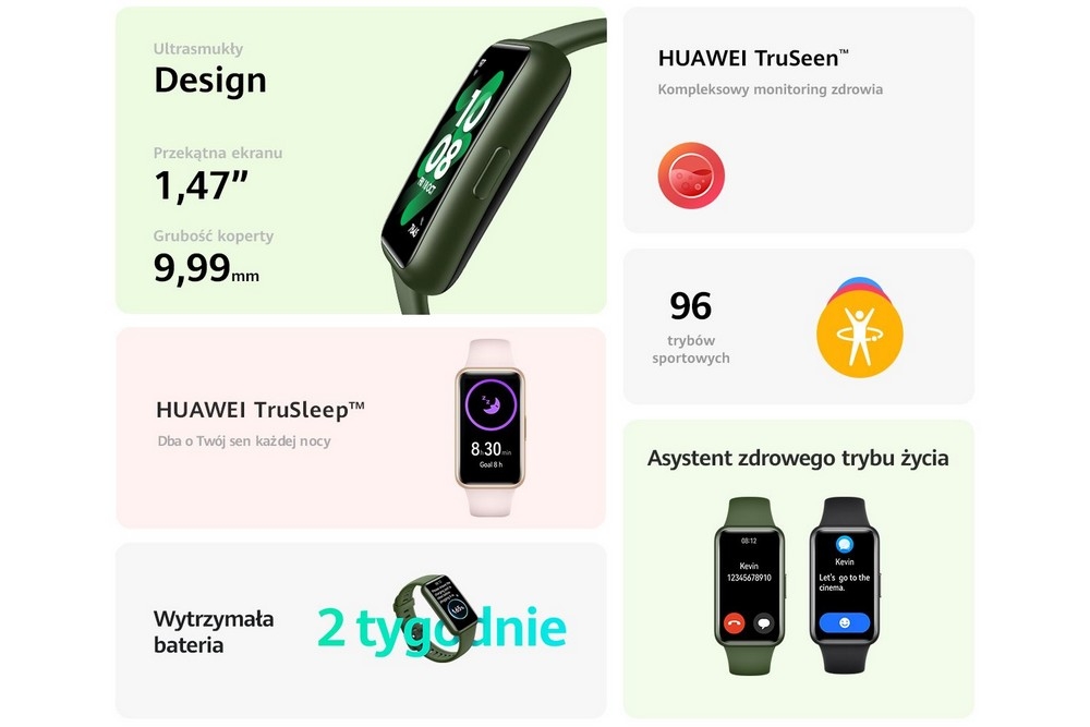 Smartband HUAWEI Band 7 ekran bateria czujniki zdrowie sport pasek ładowanie pojemność rozdzielczość łączność sterowanie krew puls rozmowy smartfon aplikacja