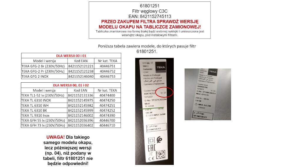 Filtr TEKA 61801251 dopasowanie filtra do okapu