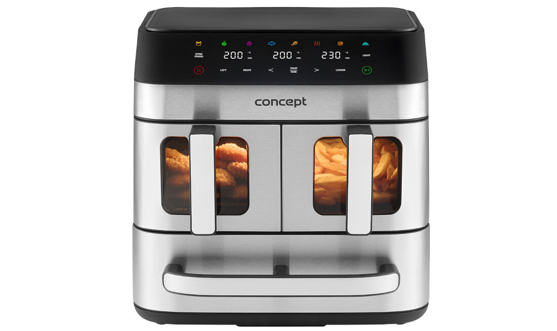 Air Fryer Frytkownica beztłuszczowa CONCEPT Pizza Trio FR9000 18.5 l z podwójnym koszem + szuflada do pieczenia  Bezpieczne i wydajne użytkowanie zabezpieczenie przed przegrzaniem  moc efektywne oraz bezpieczne działanie