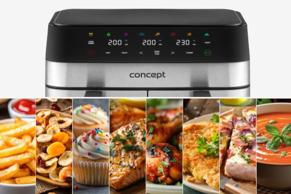Air Fryer Frytkownica beztłuszczowa CONCEPT Pizza Trio FR9000 18.5 l z podwójnym koszem + szuflada do pieczenia Automatyczne programy gotowania 8 wbudowanych funkcji  dopasowanie czas temperatura rodzaj smak  Frytki, ryby czy kurczak