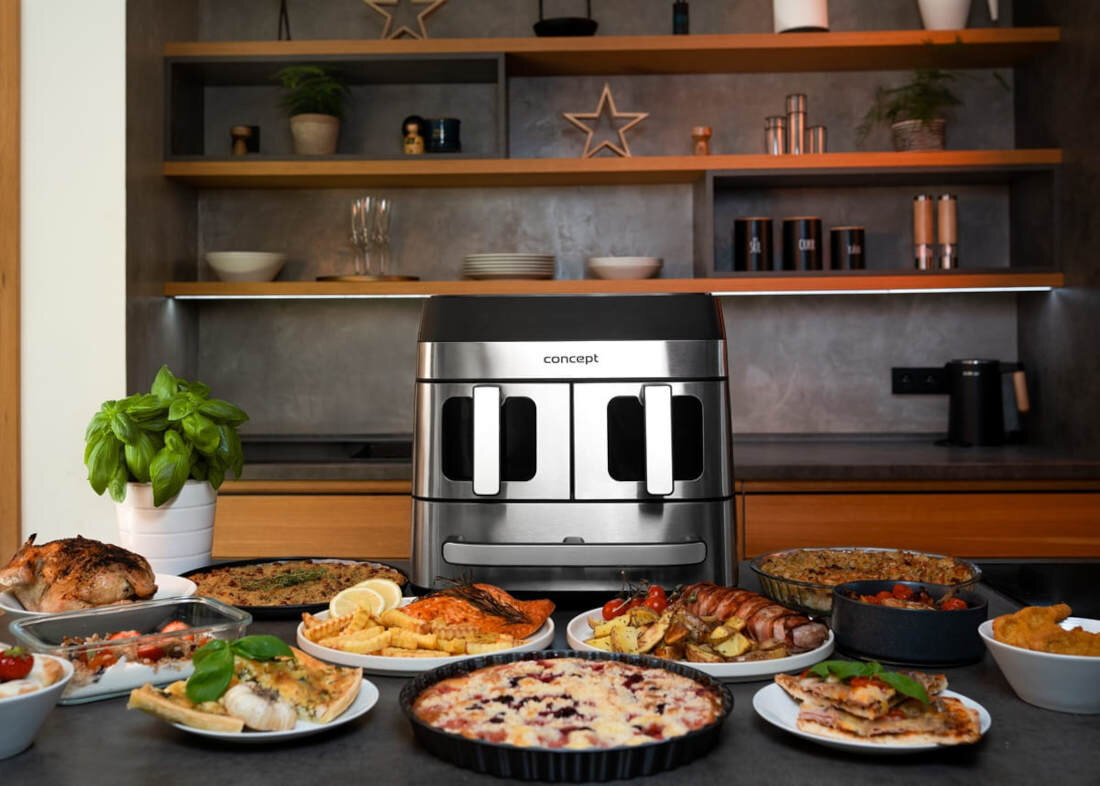 Air Fryer Frytkownica beztłuszczowa CONCEPT Pizza Trio FR9000 18.5 l z podwójnym koszem + szuflada do pieczenia Synchronizacja przygotowania potraw Dwa kosze o pojemności 4,25 l funkcja synchronizacji dopasowanie pieczenie