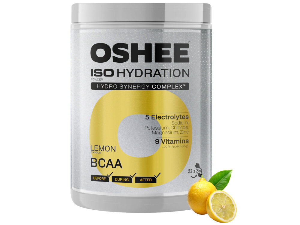 Izotonik OSHEE Iso Hydration Cytrynowy (550 g) opakowanie izotoniku na białym tle obok cytryny napój o wyrazistym, cytrusowym smaku cytrynowy smak nadaje napojowi lekko orzeźwiający charakter proszkowa forma ułatwia przechowywanie produktu
