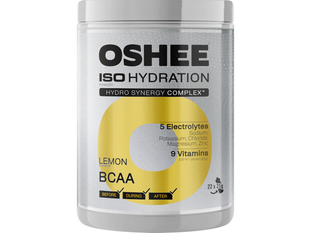 Izotonik OSHEE Iso Hydration Cytrynowy (550 g) opakowanie izotoniku na białym tle potas magnez cynk w postaci diglicynianu cynku magnez (240 mg) do prawidłowej pracy mięśni i układu nerwowego potas (1200 mg) wspiera utrzymanie równowagi elektrolitowej cynk (6 mg) udział w wielu procesach metabolicznych