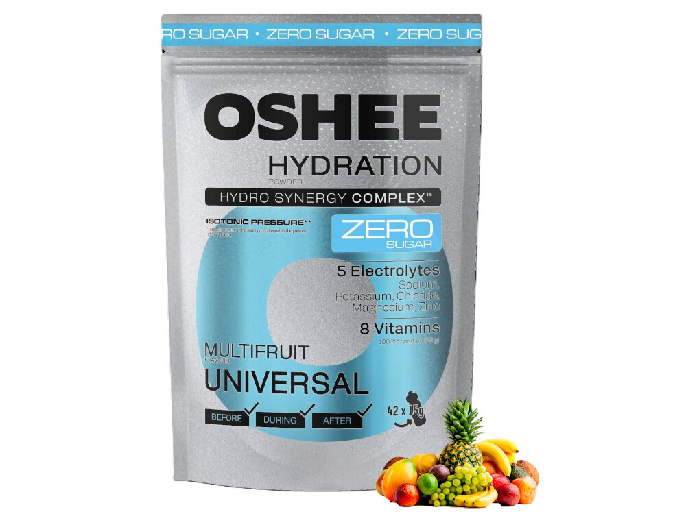 Izotonik OSHEE Hydration Zero Wieloowocowy (630 g) opakowanie izotoniku na białym tle obok owoce o orzeźwiającym, wieloowocowym smaku bez zbędnych kalorii nie zawiera dodatku cukru 0 kcal formuła izotoniczna działa w sposób zbliżony do naturalnych płynów organizmu szybko się wchłania i efektywnie uzupełnia poziom nawodnienia