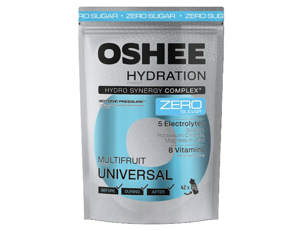 Izotonik OSHEE Hydration Zero Wieloowocowy (630 g) opakowanie izotoniku na białym tle zestaw witamin z grupy B wspierają przemiany energetyczne prawidłowe funkcjonowanie układu nerwowego witamina C (533,3 mg) kwas foliowy (1333,3 μg) niacyna (106,7 mg) witamina B6 (9,3 mg) witamina B12 (16,7 μg) biotyna (333,3 μg) wspierają prawidłowe funkcjonowanie organizmu