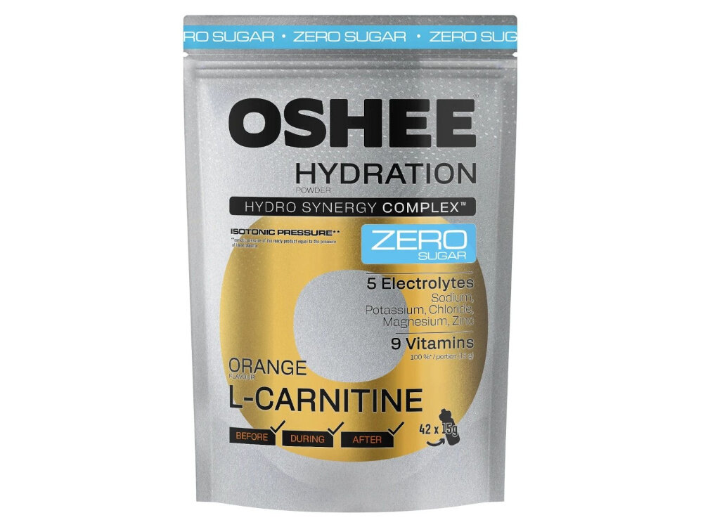 Izotonik OSHEE Hydration Zero Pomarańczowy (630 g) opakowanie izotoniku na białym tle L-karnityna w ilości 666,7 mg wspierają metabolizm energetyczny lepsze wykorzystanie energii podczas wysiłku witamina C (533,3 mg) ryboflawina (9,3 mg) niacyna (106,7 mg) witamina B6 (9,3 mg) witamina B12 (16,7 μg) biotyna (333,3 μg) wspierają prawidłowe funkcjonowanie organizmu