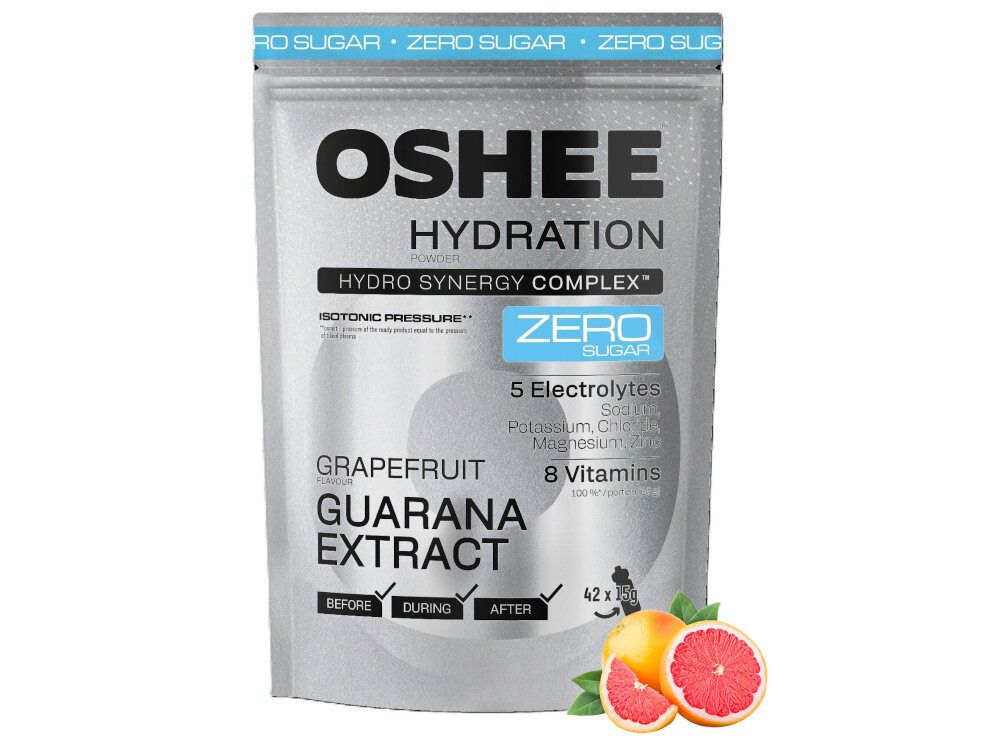 Izotonik OSHEE Hydration Zero Grejpfrutowy (630 g) opakowanie izotoniku na białym tle obok grejpfrut o orzeźwiającym, Grejpfrutowym smaku bez zbędnych kalorii nie zawiera dodatku cukru 0 kcal formuła izotoniczna działa w sposób zbliżony do naturalnych płynów organizmu szybko się wchłania i efektywnie uzupełnia poziom nawodnienia