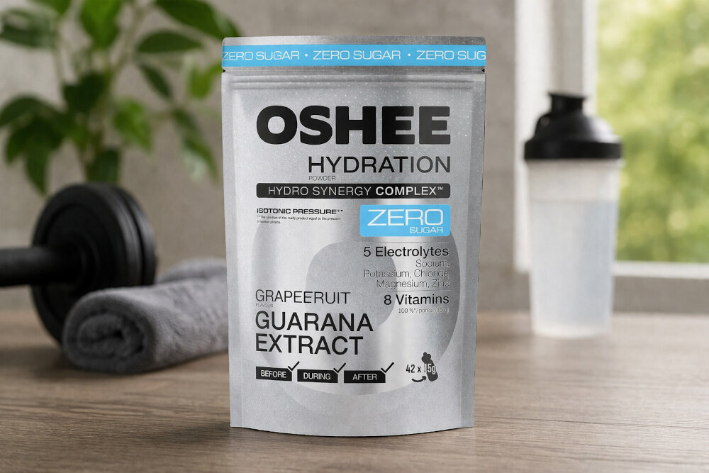 Izotonik OSHEE Hydration Zero Grejpfrutowy (630 g) pokój podłoga na podłodze stoi opakowanie izotoniku obok leży pokrojony grejpfrut w tle bidon ekstrakt z guarany w ilości 666,7 mg w 100 g guarana w formule dobrze wpisuje się w potrzeby osób trenujących ekstrakt z nasion guarany stanowi naturalne źródło kofeiny zwiększa poziom energii i koncentrację 