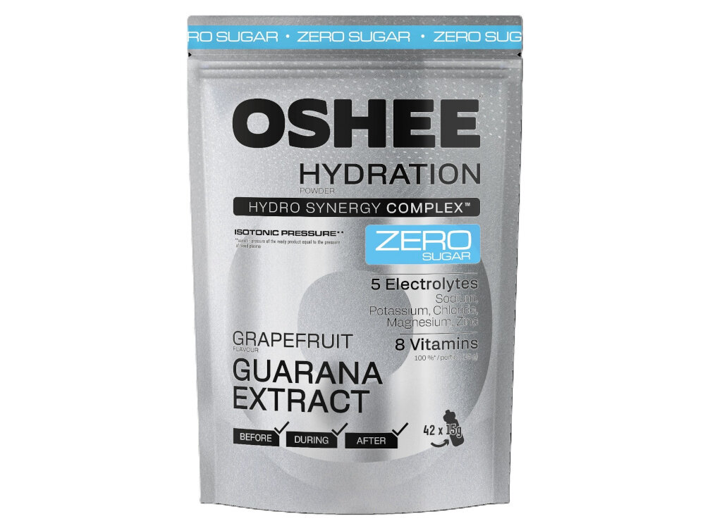 Izotonik OSHEE Hydration Zero Grejpfrutowy (630 g) opakowanie izotoniku na białym tle do treningów na siłowni, biegania jazdy na rowerze treningów outdoorowych proszkowa forma specjalna miarka Jedną porcję 15 g proszku z 500 ml wody