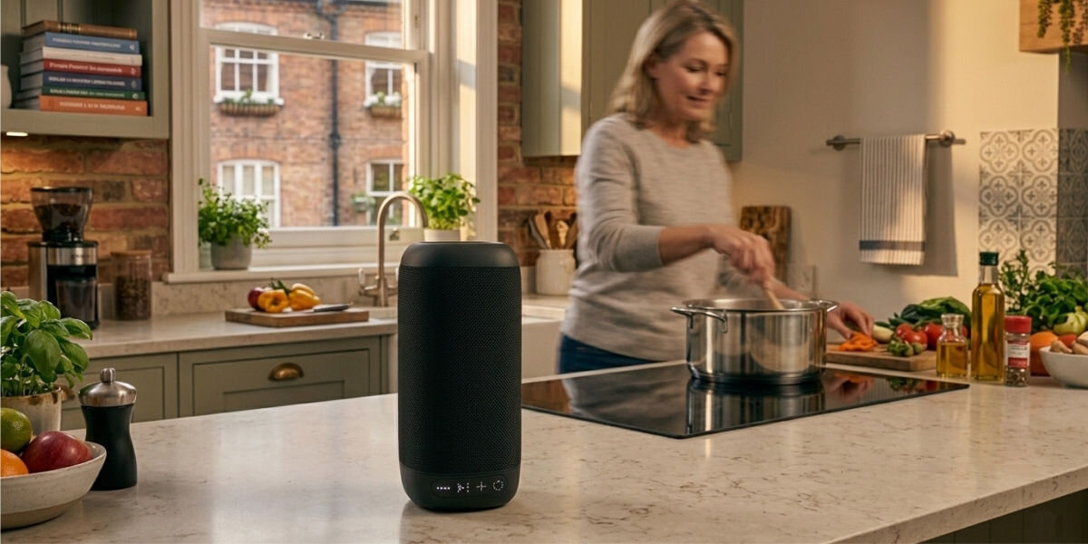 Głośnik mobilny HAMA Tube 4.0 Czarny Przenośny głośnik Bluetooth na blacie kuchennym, w tle kobieta przygotowująca posiłek w jasnej, nowoczesnej kuchni.