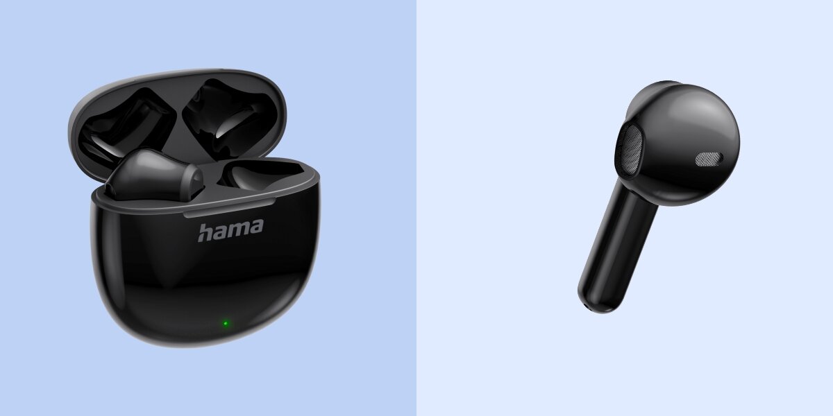 Słuchawki douszne HAMA Action One - Codzienne użytkowanie, bezprzewodowy zestaw, słuchawki wraz z etui ładującym na niebieskim tle