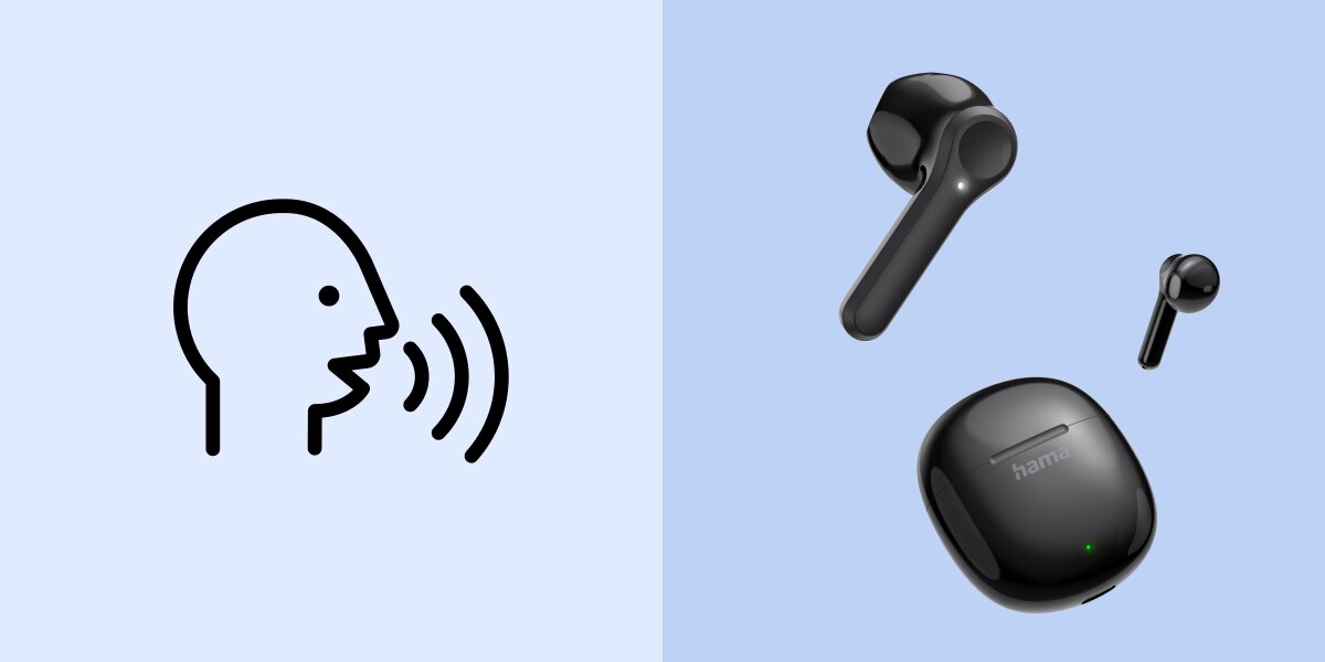 Słuchawki douszne HAMA Action One - Rozmowy i muzyka, mikrofon, słuchawki wraz z etui ładującym na niebieskim tle