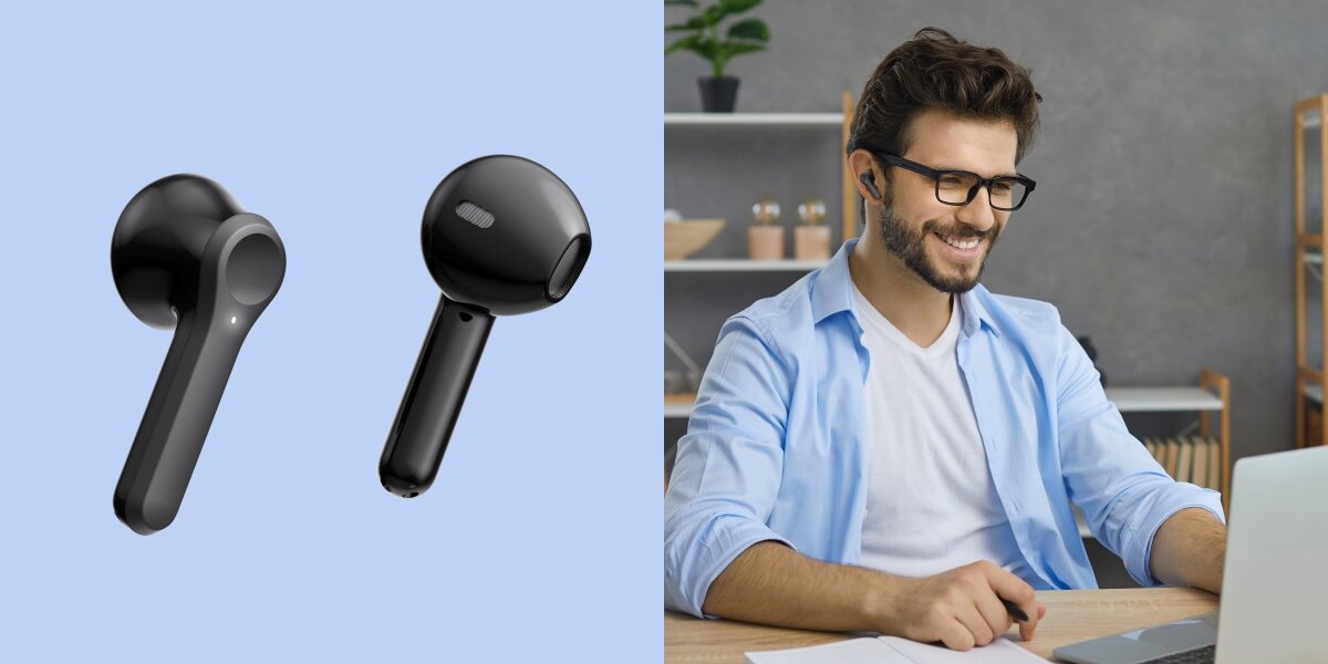 Słuchawki douszne HAMA Action One - Sterowanie dotykowe, Panel dotykowy, asystent głosowy, osoba z założonymi słuchawkami dousznymi