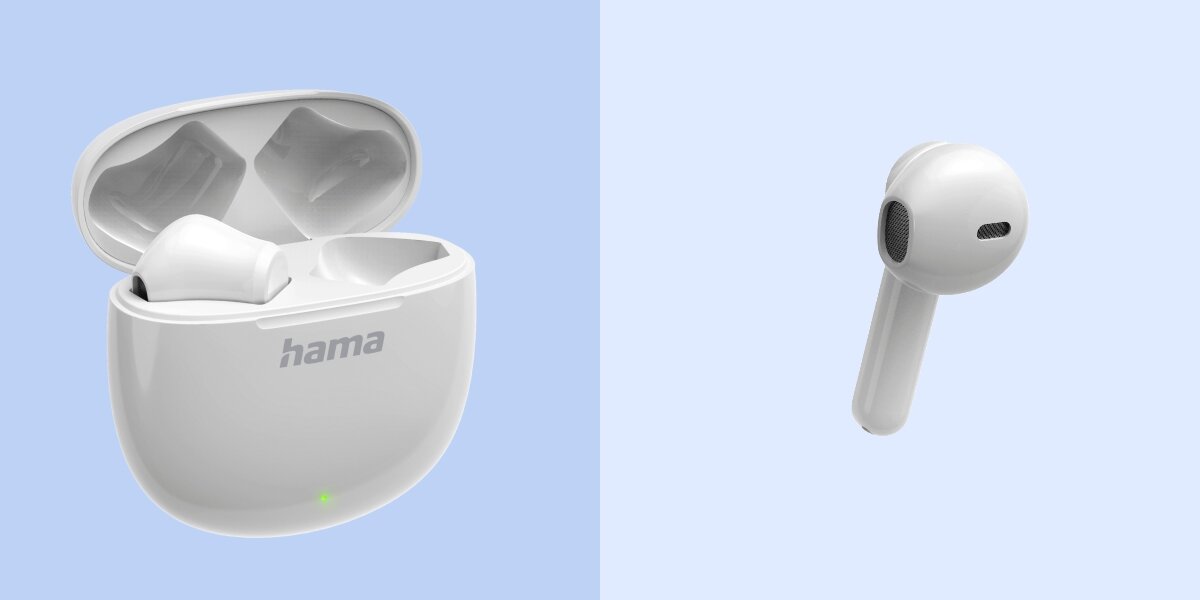 Słuchawki douszne HAMA Action One - Codzienne użytkowanie, bezprzewodowy zestaw, słuchawki wraz z etui ładującym na niebieskim tle