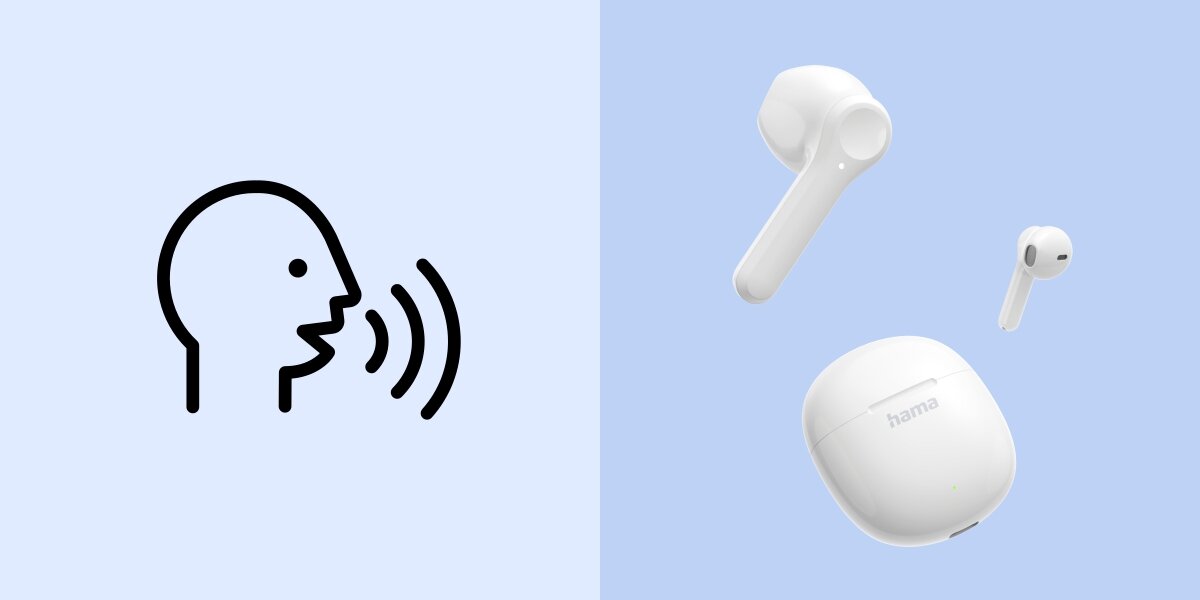 Słuchawki douszne HAMA Action One - Rozmowy i muzyka, mikrofon, słuchawki wraz z etui ładującym na niebieskim tle