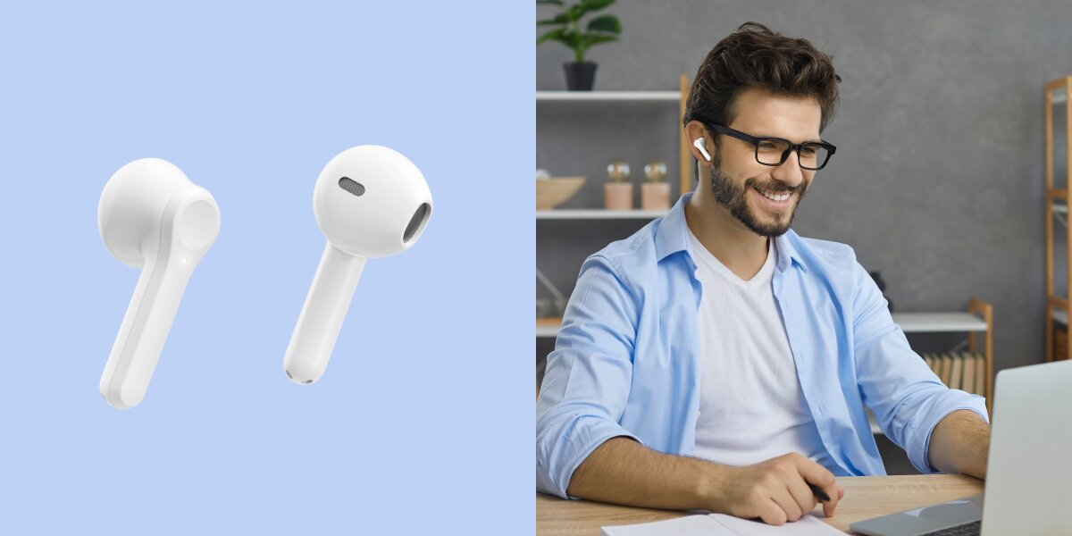 Słuchawki douszne HAMA Action One - Sterowanie dotykowe, Panel dotykowy, asystent głosowy, osoba z założonymi słuchawkami dousznymi