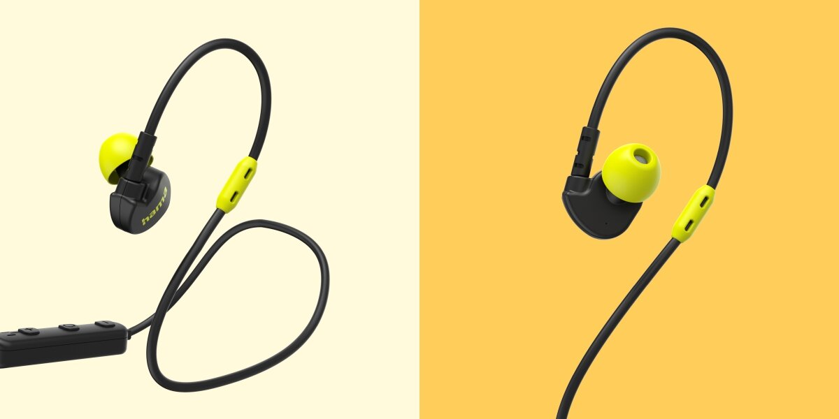 Słuchawki dokanałowe HAMA Freedom Athletics III Czarny Zestawienie dwóch zdjęć prezentujących detale słuchawek sportowych. Po lewej zbliżenie na czarną słuchawkę douszną z logo Hama, neonową gumką i elastycznym pałąkiem na ucho. Po prawej widok słuchawki od strony wewnętrznej, eksponujący ergonomiczną konstrukcję i intensywny kolor wkładki żelowej.