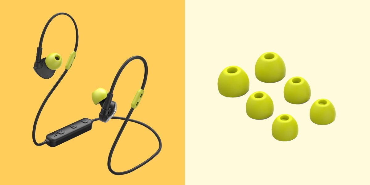 Słuchawki dokanałowe HAMA Freedom Athletics III Czarny Zestawienie dwóch grafik na żółtym i jasnym tle. Po lewej czarne bezprzewodowe słuchawki sportowe Hama z pilotem na kablu i neonowymi detalami. Po prawej sześć sztuk wymiennych wkładek dousznych w kolorze neonowej żółci w trzech różnych rozmiarach.