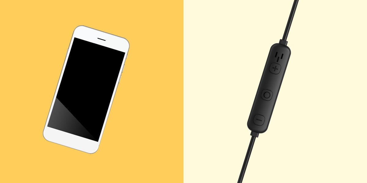 Słuchawki dokanałowe HAMA Freedom Athletics III Czarny Grafika pokazująca po lewej stronie biały smartfon na żółtym tle. Po prawej stronie zbliżenie na czarny pilot umieszczony na kablu słuchawek, wyposażony w trzy przyciski funkcyjne (plus, kółko, minus) oraz zintegrowany mikrofon.