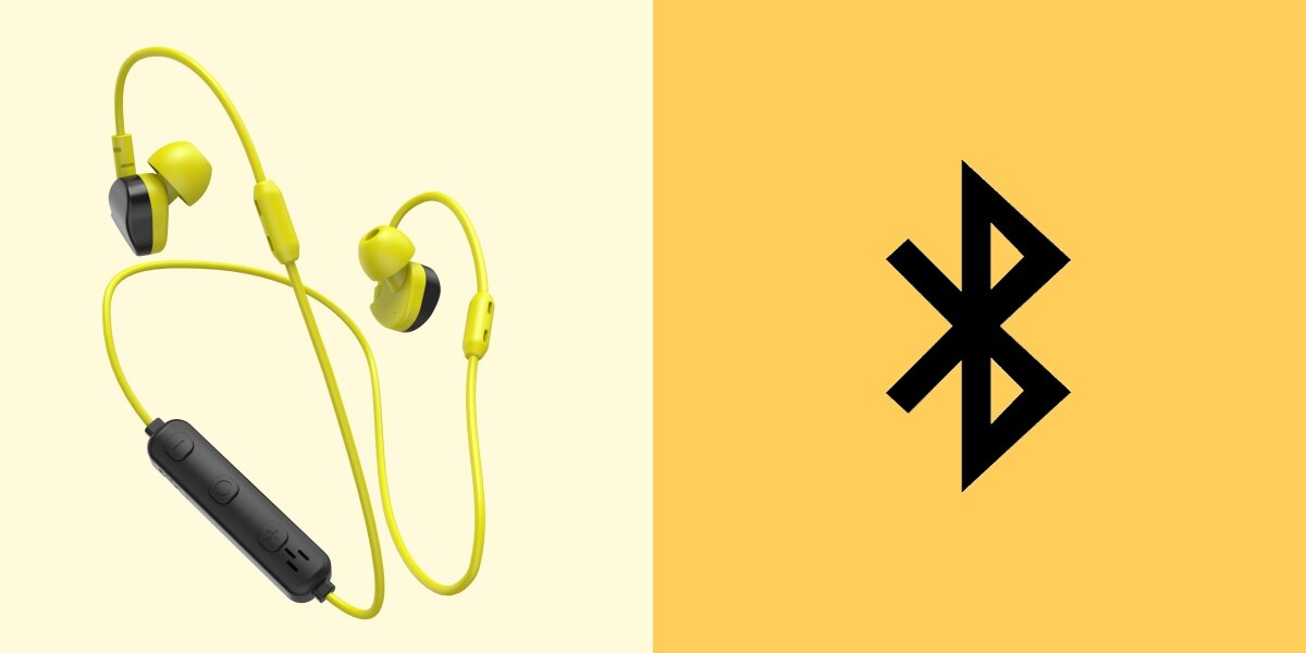 Słuchawki dokanałowe HAMA Freedom Athletics III Żółty Kolaż przedstawiający po lewej stronie sportowe słuchawki Bluetooth Hama z pałąkami na uszy i pilotem. Po prawej stronie, na żółtym tle, widnieje Żółty, czytelny symbol technologii Bluetooth, sugerujący bezprzewodową łączność urządzenia.