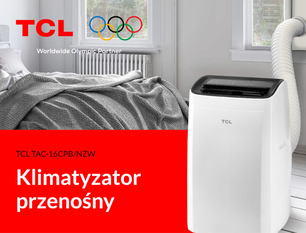 Na obrazie znajduje się biały klimatyzator przenośny z logo TCL, ustawiony w jasnym pomieszczeniu z łóżkiem i oknem. Na czerwonym tle widnieje napis: \'TCL TAC-16CPB/NZW Klimatyzator przenośny\'.