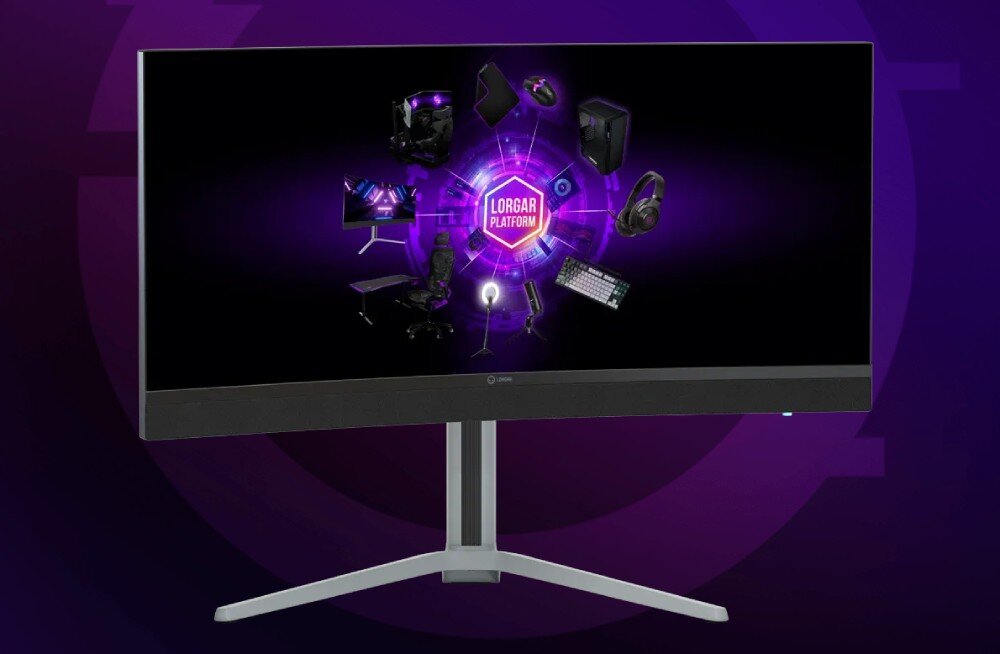Monitor LORGAR Pro 34MP1 Zakrzywiony monitor na stojaku z ekranem wyświetlającym unikalną technologię gamingową Lorgar na tle neonowego fioletu, opis