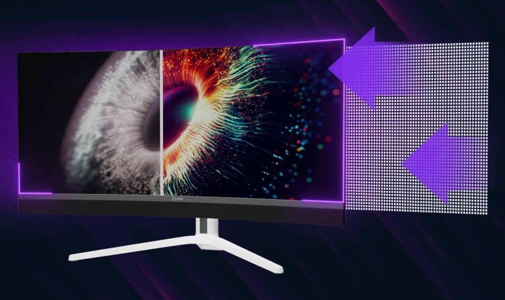 Monitor LORGAR Pro 34MP1 Zakrzywiony monitor przedstawiający ostrość obrazu z boku monitora na gradientowym fioletowym tle, podświetlenie, strefy wygaszenia