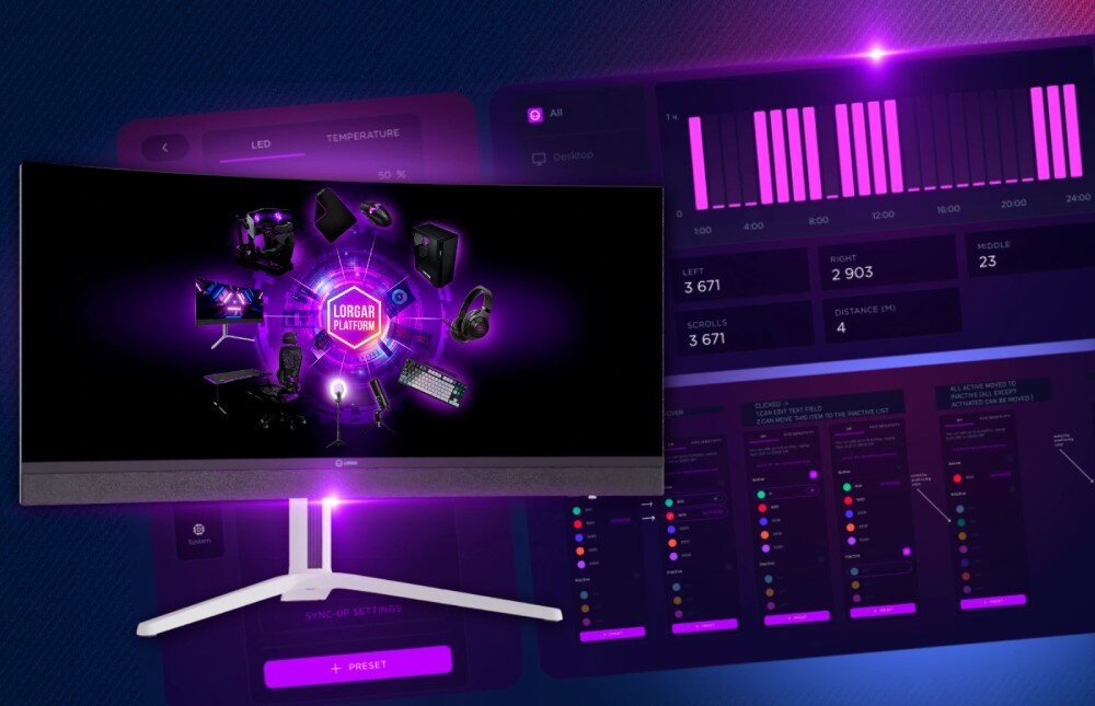 Monitor LORGAR Pro 34MP1 Zakrzywiony monitor na jasnym stojaku pokazujący funkcje monitora Lorgar na niebiesko-fioletowym tle, aplikacja, funkcje