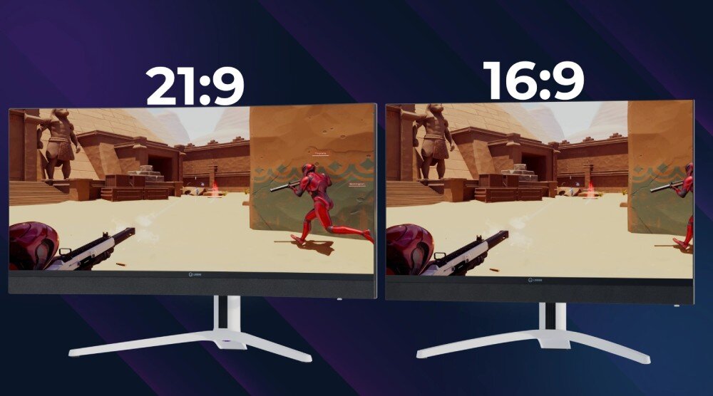 Monitor LORGAR Pro 34MP1 Porównanie dwóch ekranów o proporcjach 21:9 i 16:9 na niebiesko-fioletowym tle, format, proporcje