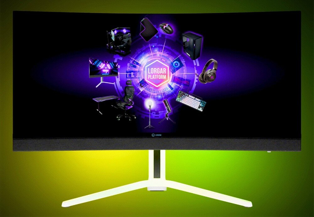 Monitor LORGAR Pro 34MP1 Zakrzywiony monitor na stojaku o jasnym odcieniu wyświetlający technologie gamingowe na zielonym tle, podświetlenie, efekty, kolory