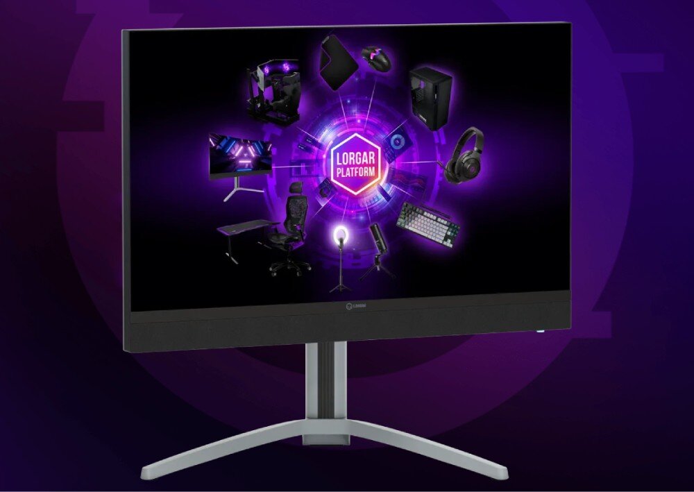 Monitor LORGAR Pro 27MP1 Monitor komputerowy z białymi nogami podstawy wyświetla na ekranie fioletową grafikę Lorgar Platform otoczoną ikonami akcesoriów takich jak mysz, klawiatura, słuchawki i fotel gamingowy, opis