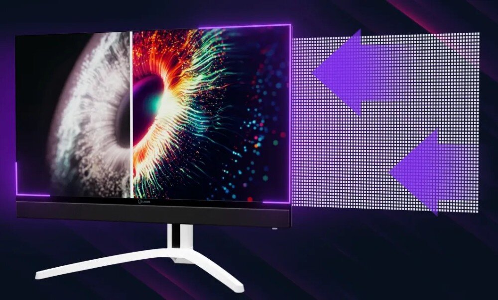 Monitor LORGAR Pro 27MP1 Monitor z białymi nogami podstawy wyświetla grafikę oka, gdzie prawa połowa jest nasycona barwami, a lewa czarno-biała, z boku widoczna jest siatka punktów symbolizująca strefy wygaszania MiniLED, podświetlenie, strefy wygaszania