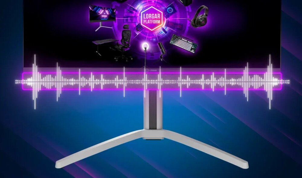 Monitor LORGAR Pro 27MP1 Dolna część monitora z widoczną szeroką listwą głośnikową podświetloną na fioletowo, na którą nałożono biały wykres fali dźwiękowej symbolizujący działanie systemu audio, głośniki, dźwięk