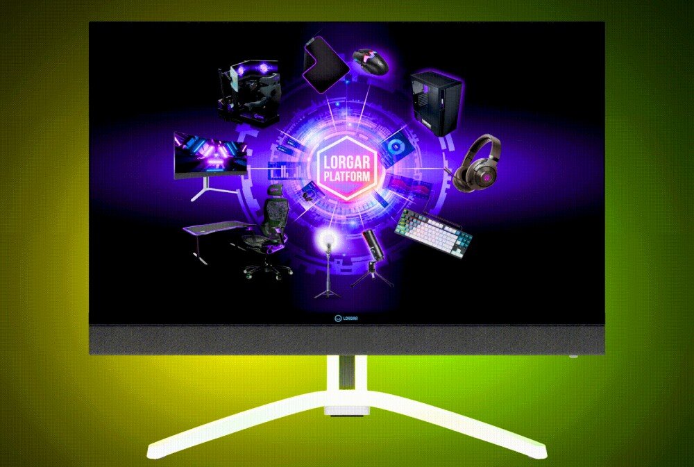 Monitor LORGAR Pro 27MP1 Monitor gamingowy na szerokiej, białej podstawie wyświetlający menu Lorgar Platform z ikonami sprzętu komputerowego na czarnym tle, całość umieszczona na żółto-zielonym gradiencie, podświetlenie