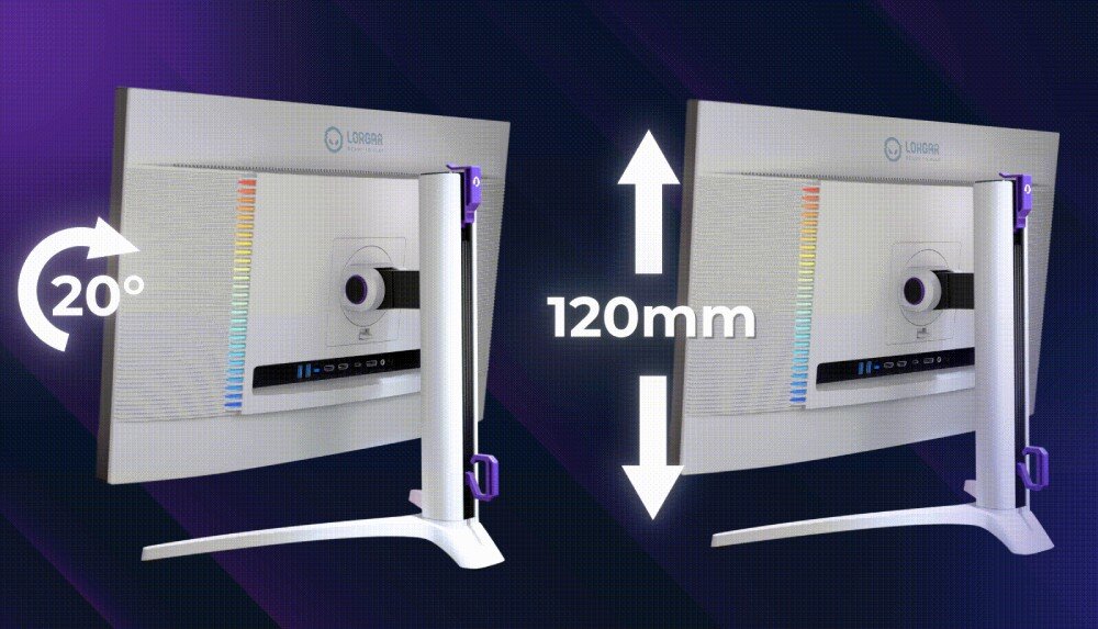 Monitor LORGAR Pro 27MP1 Dwa ujęcia tyłu monitora w białej obudowie z pionowym paskiem LED, lewe pokazuje możliwość pochylenia ekranu o 20 stopni, a prawe regulację wysokości w zakresie 120 milimetrów, ergonomia, regulacja