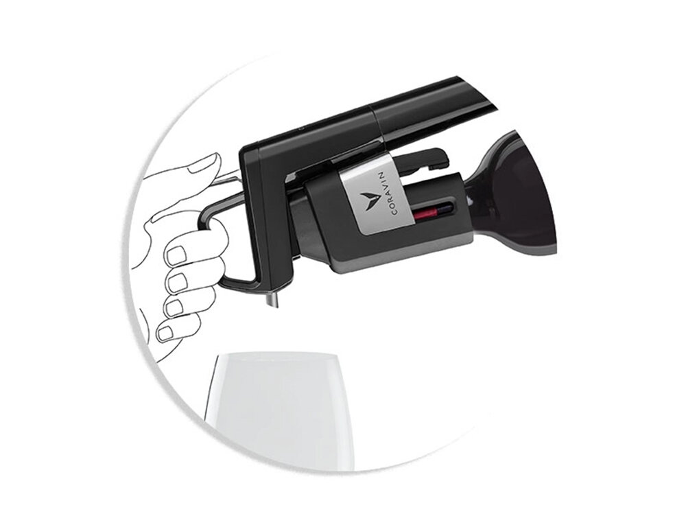 Na obrazie widoczny jest czarny system do przechowywania wina z logo \'CORAVIN\'. Urządzenie jest trzymane nad kieliszkiem, a obok znajduje się schematyczny rysunek dłoni.