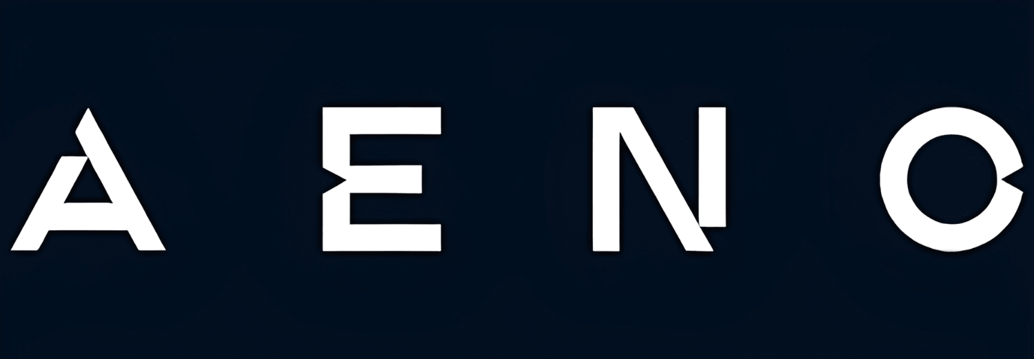 Logo z białym napisem \'AENO\' na ciemnym tle.