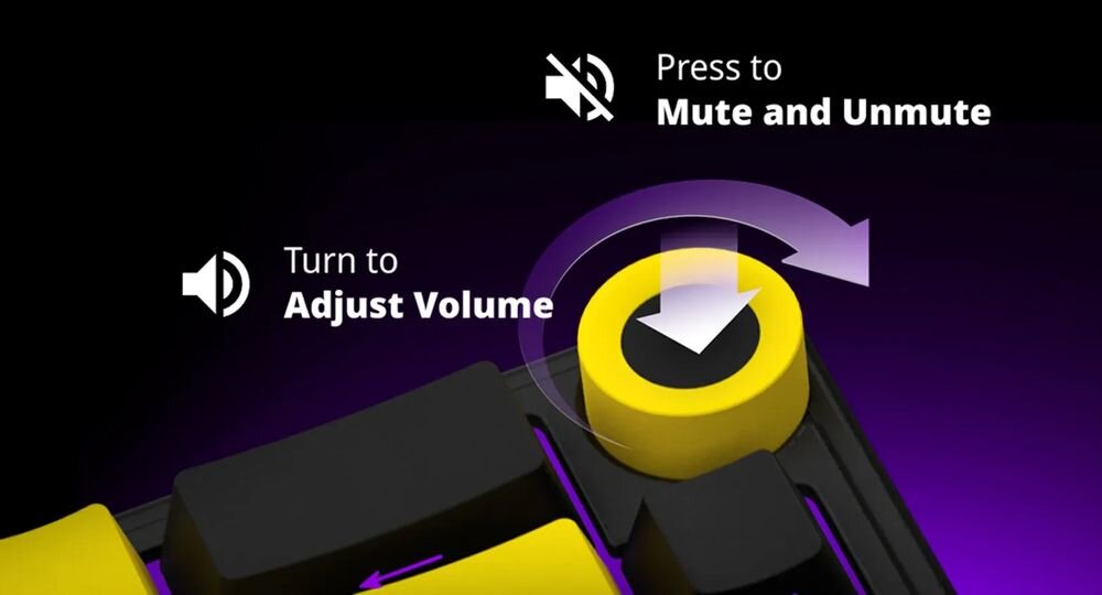 Obraz przedstawia fragment klawiatury z żółtym pokrętłem. Widoczny jest tekst: \'Turn to Adjust Volume\' oraz \'Press to Mute and Unmute\'.