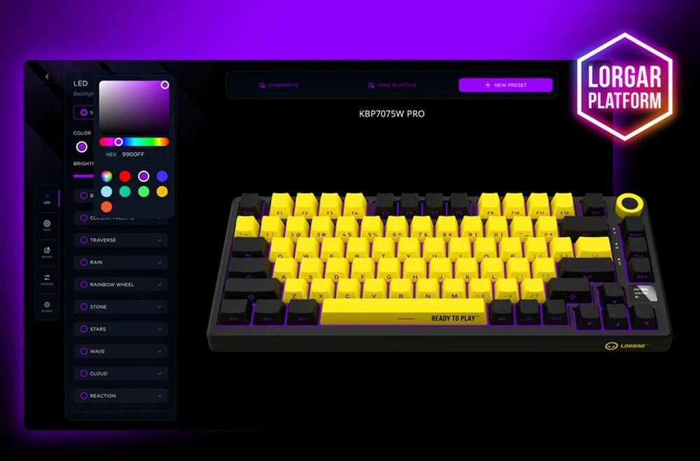 LORGAR KBP7075W podświetleniem RGB paletą 16,8 miliona kolorów Dostosuj efekty świetlne synchronizuj je z innymi urządzeniami LORGAR LORGAR PLATFORM - zrzut z oprogramowania i ustawień rgb