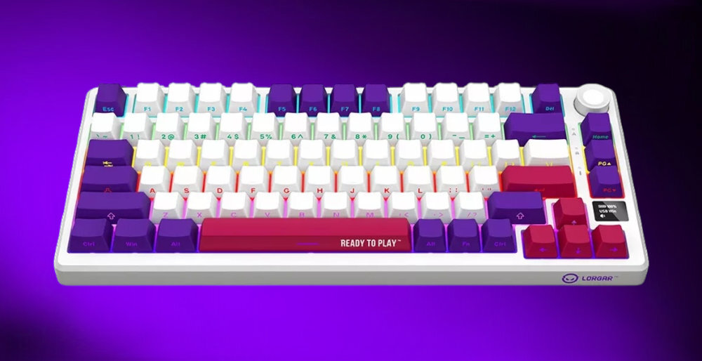 LORGAR KBP7075W LORGAR KBP7075W klawiatura mechaniczna możliwość dopasowania do własnych preferencji Solidna konstrukcja różne opcje łączności - klawiatura na fioletowym tle