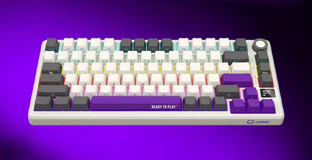 LORGAR KBP7075W LORGAR KBP7075W klawiatura mechaniczna możliwość dopasowania do własnych preferencji Solidna konstrukcja różne opcje łączności - klawiatura na fioletowym tle