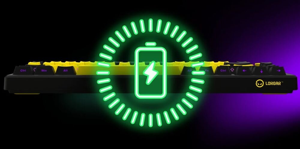 LORGAR KBP7075W baterią litowo-polimerową pojemności 3750 mAh 312 godzin pracy 37 godzin włączonym podświetleniem RGB Czas ładowania 7,5 godziny wskaźnik na wyświetlaczu - ikonka baterii