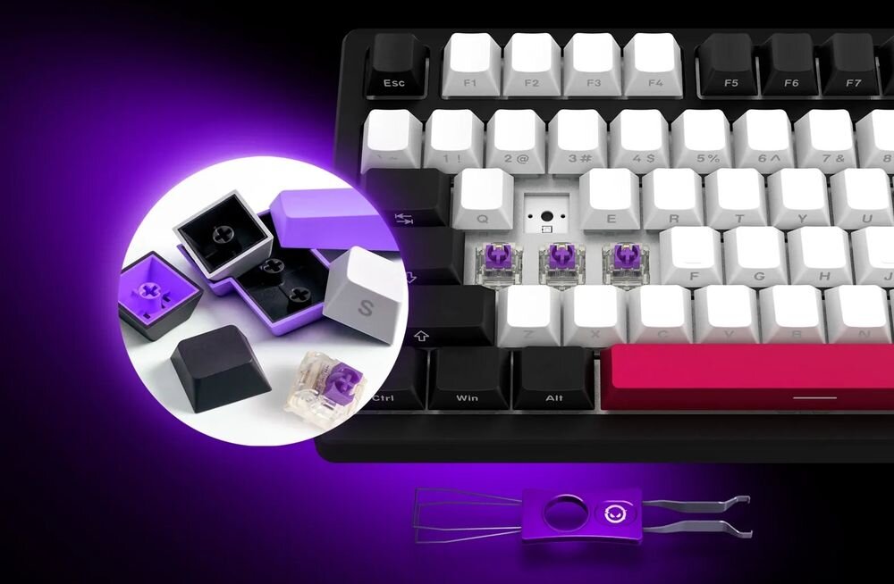 LORGAR KBP7075W funkcji hot swap wymianę przełączników bez lutowania różne typy przełączników - zbliżenie na klawisze i przełączniki